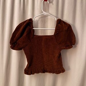 Brown Puff Sleeve Smocked Top